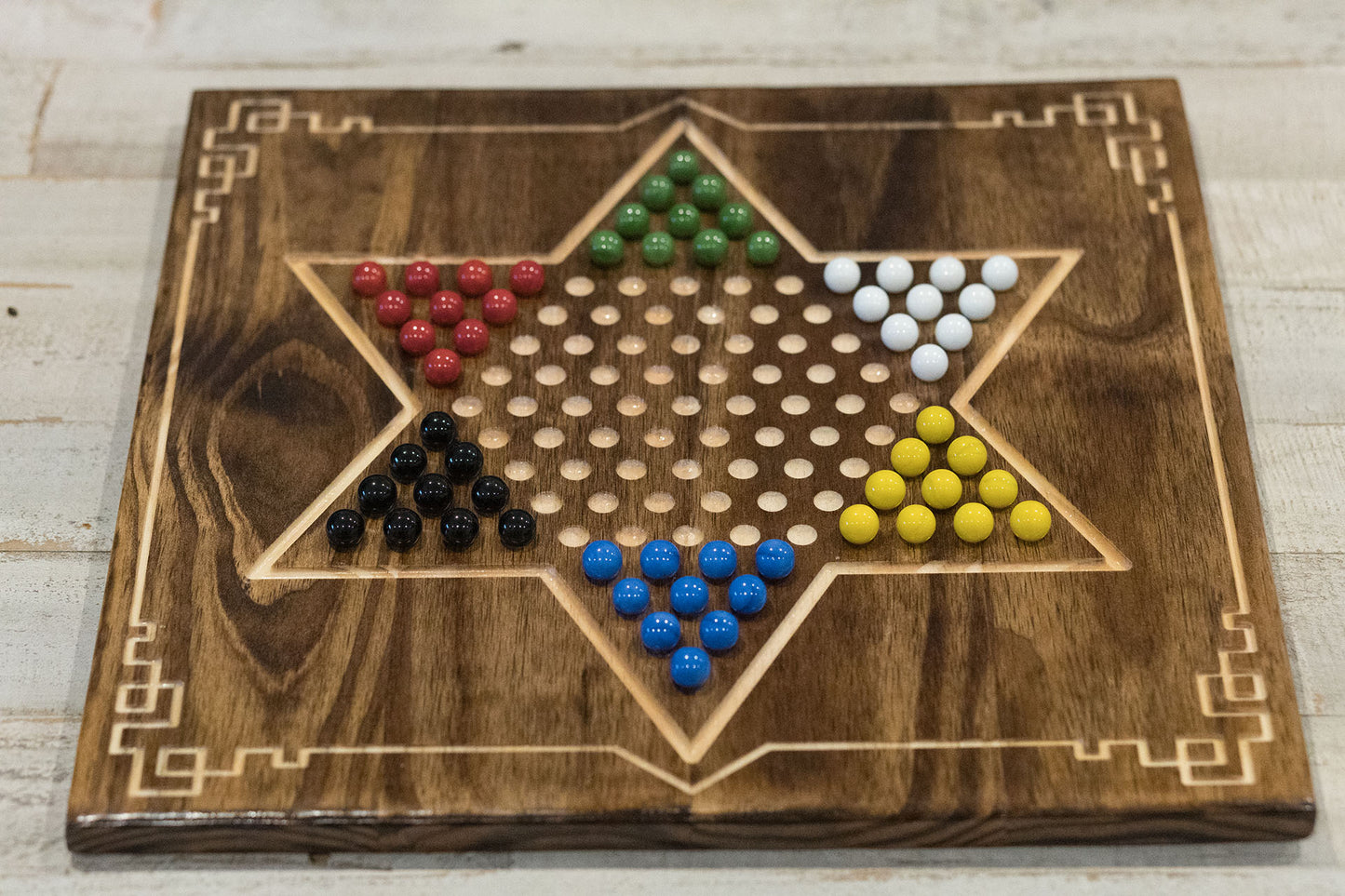 Handcrafted Wooden Chinese Checkers Board – 6-Player Game Set with Marbles