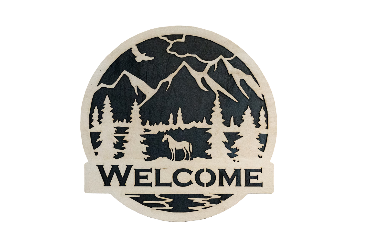 Rustic Horse & Mountain Welcome Decorative Wood Sign – Western Cabin Wall Décor