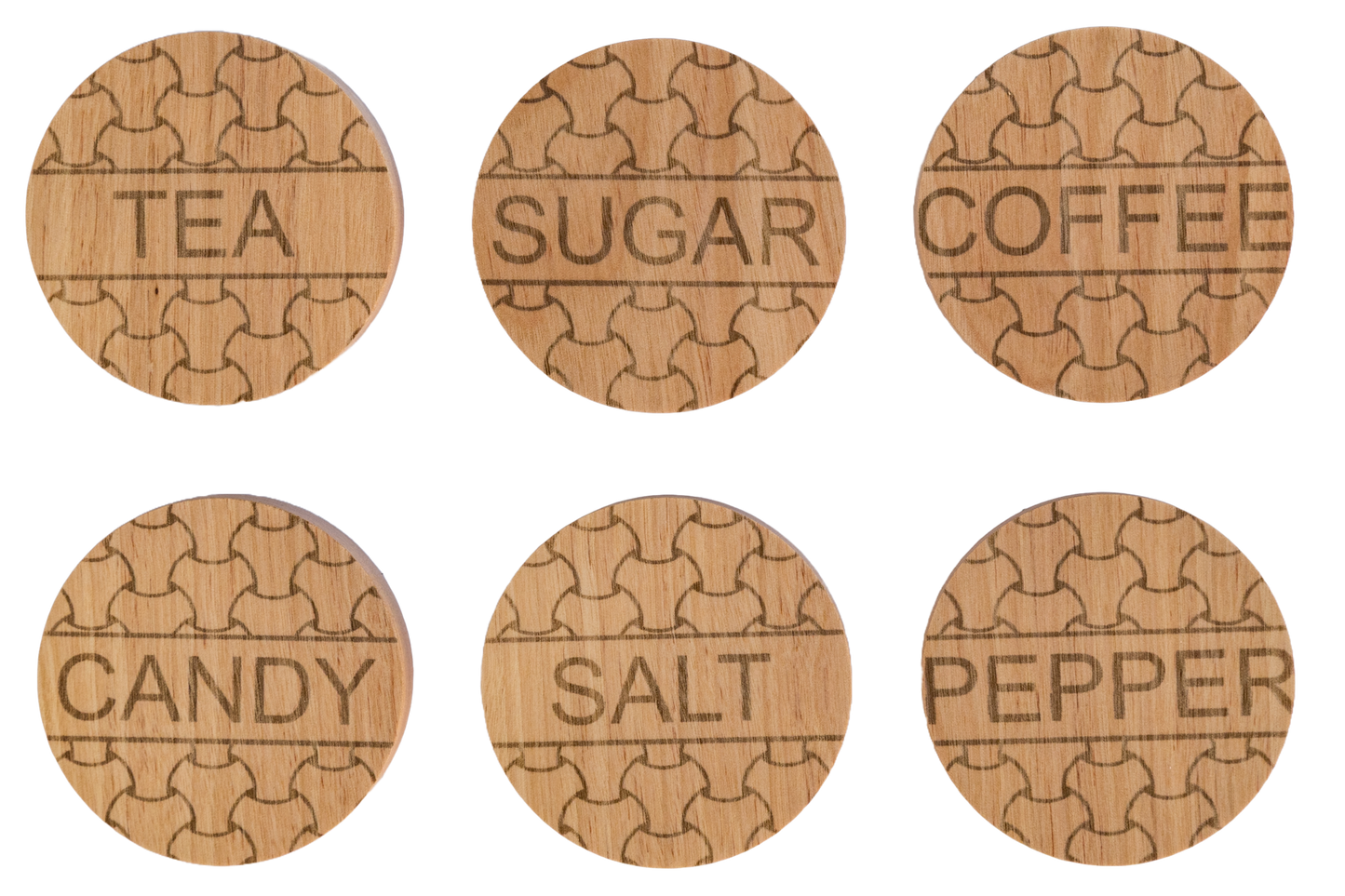Laser Engraved Wooden Mason Jar Lids – 6-Piece Kitchen Label Set
