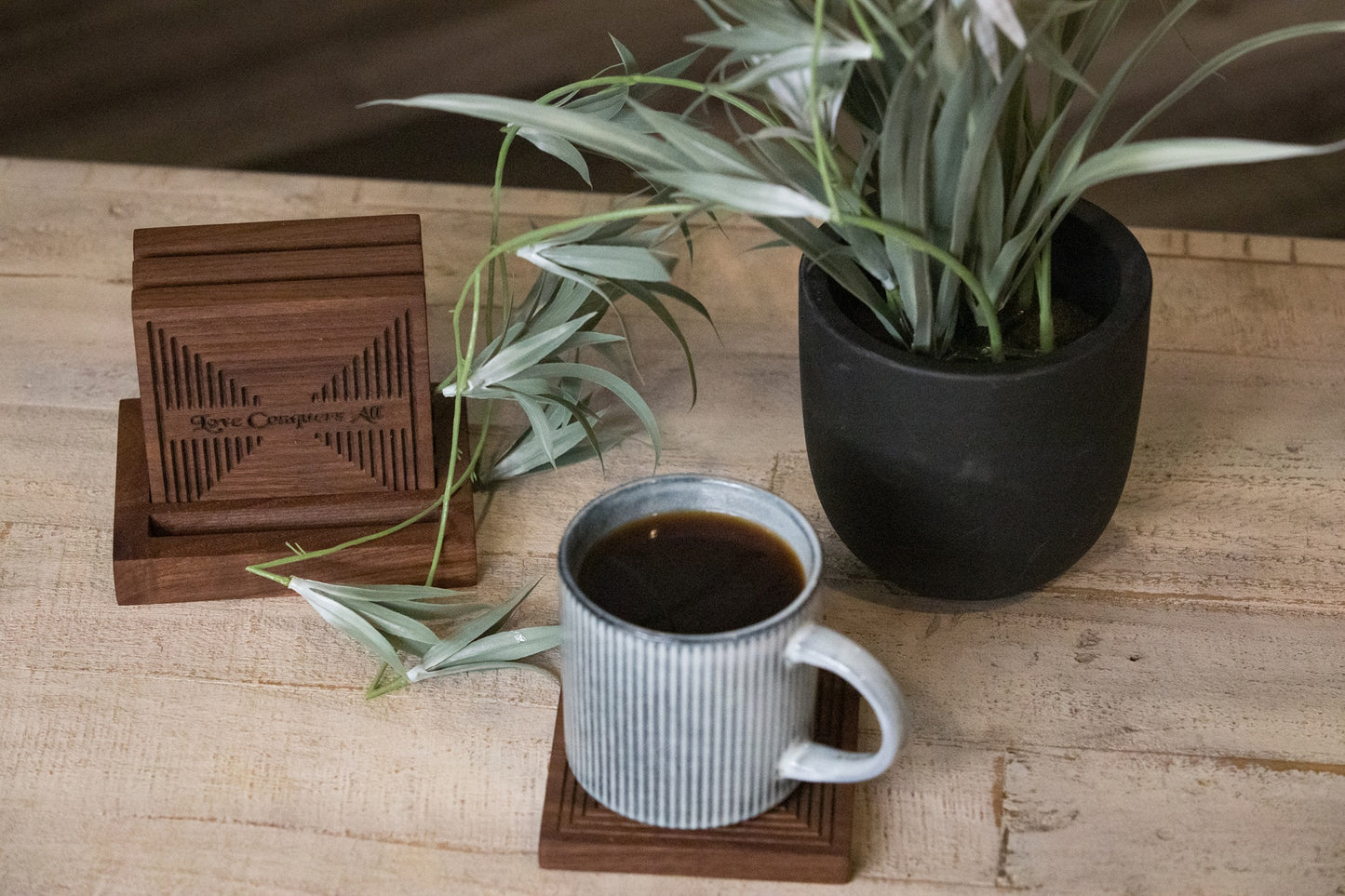 Engraved Wooden Coaster Set with Holder