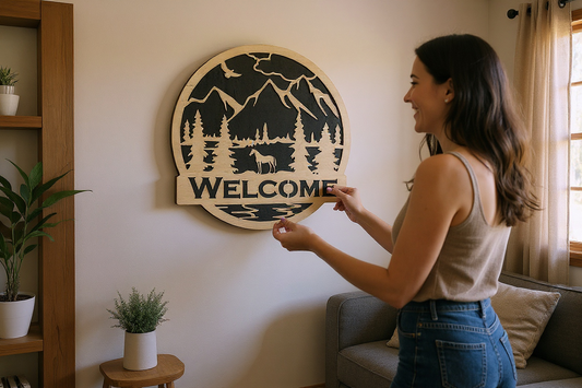 Rustic Horse & Mountain Welcome Decorative Wood Sign – Western Cabin Wall Décor